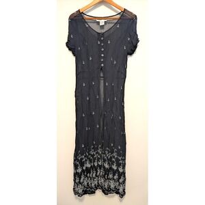 Victoria Holloway Black Rayon Embroidered Midi Dress Duster Boho Festival Size L